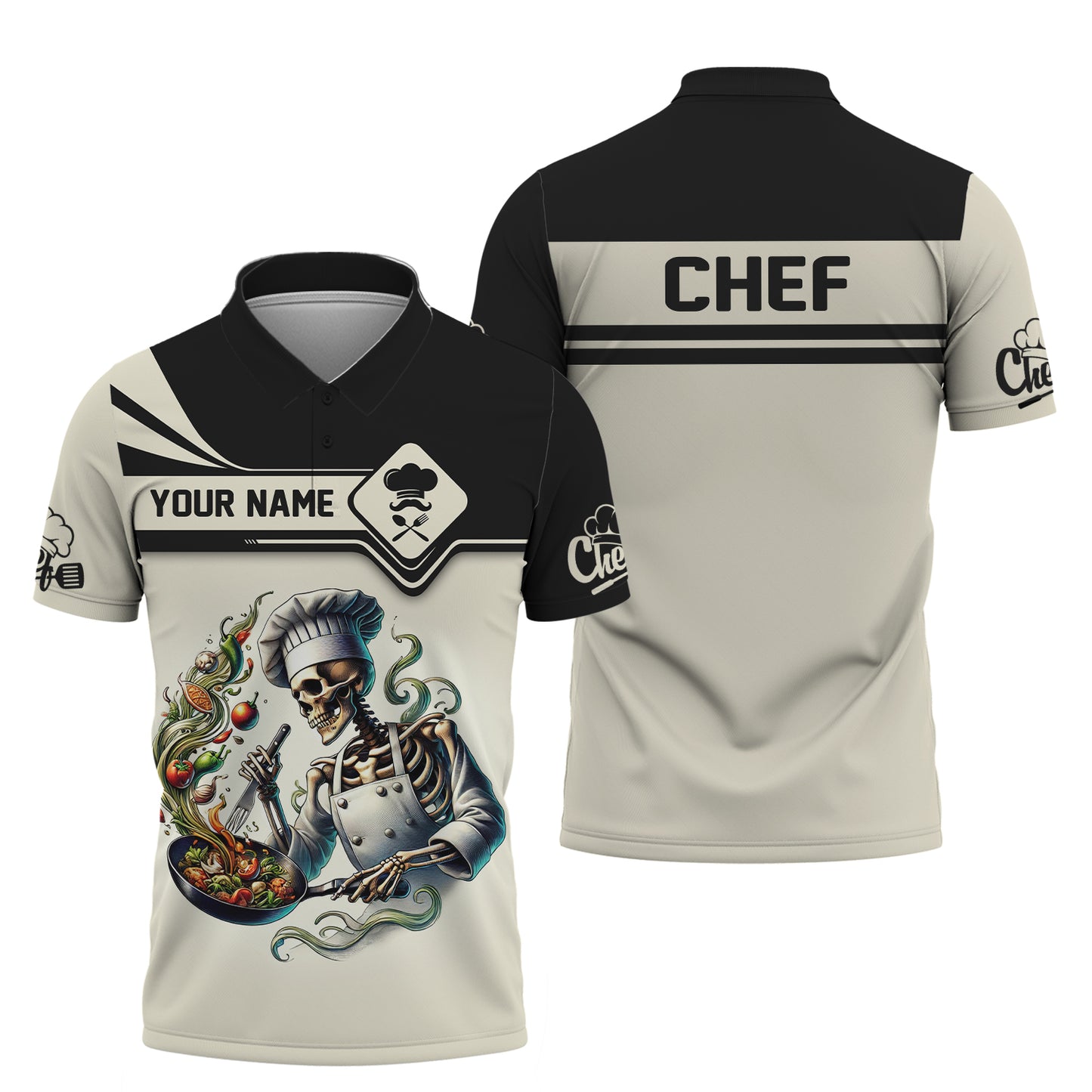 Camisa de chef con esqueleto de impresión 3D y sartén con comida, regalo personalizado con nombre para amantes de los chefs