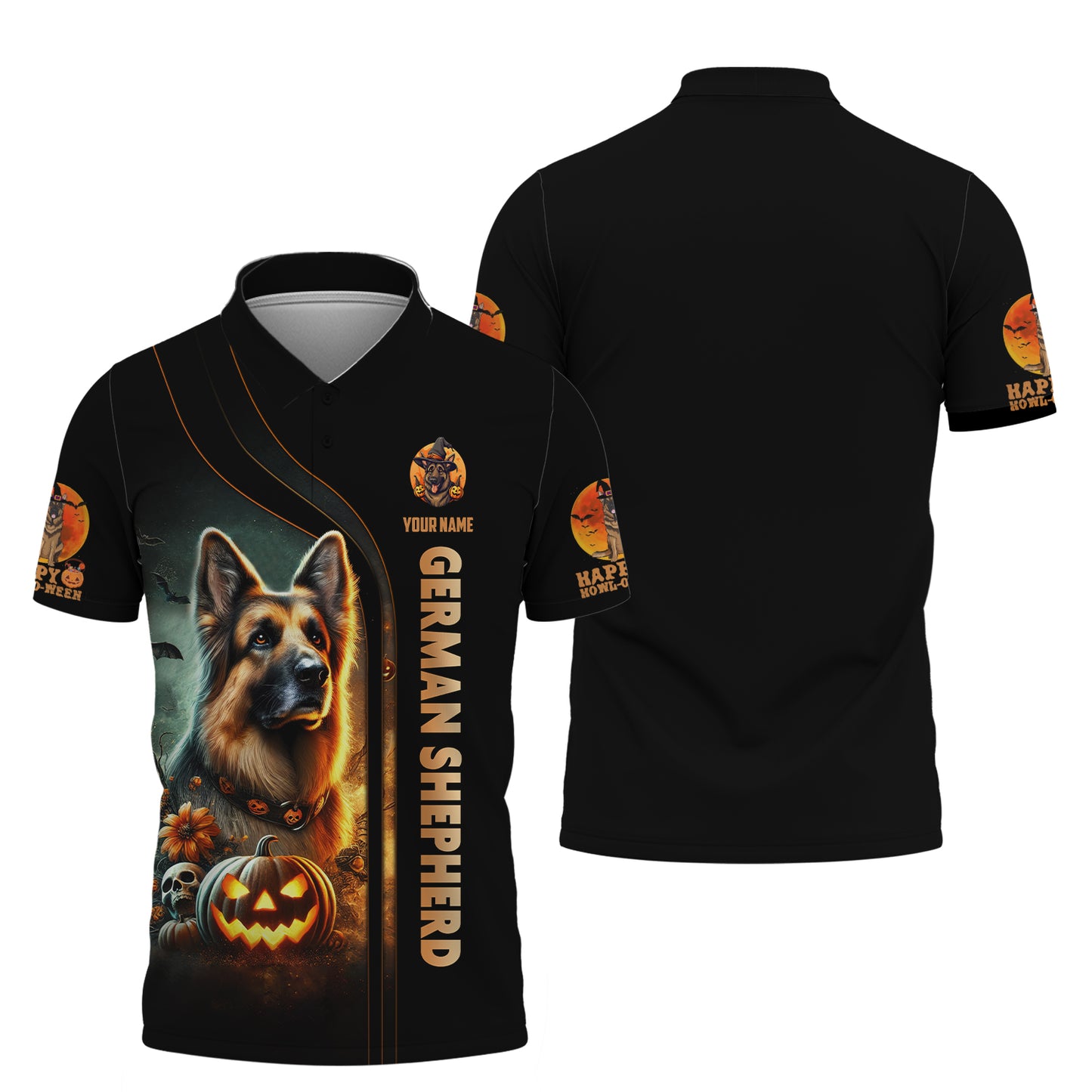 Camisetas personalizadas con nombre en 3D y mensaje de feliz Halloween Camiseta de Halloween con calabaza y pastor alemán