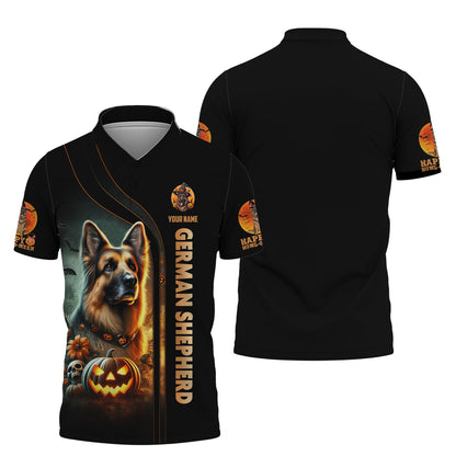 Happy Halloween Custom Name 3D T-Shirts German Shepherd With Pumpkin Halloween Shirt