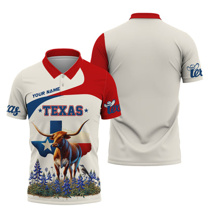 Camiseta personalizada con nombre en 3D de Texas Longhorn y Mockingbird con mapa de Texas, regalo personalizado para amantes de Texas