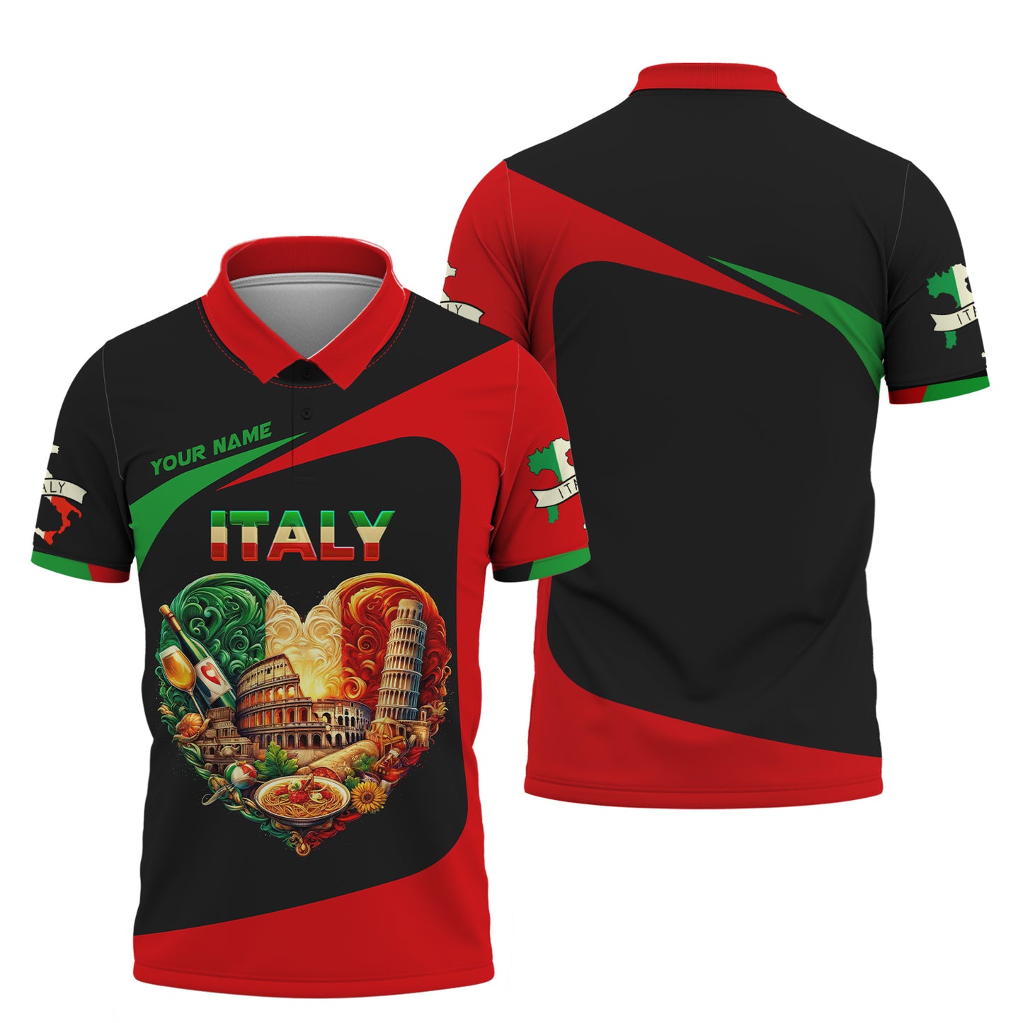 T-shirt personnalisé avec nom en 3D en forme de cœur d'Italie, cadeau personnalisé pour les amoureux de l'Italie