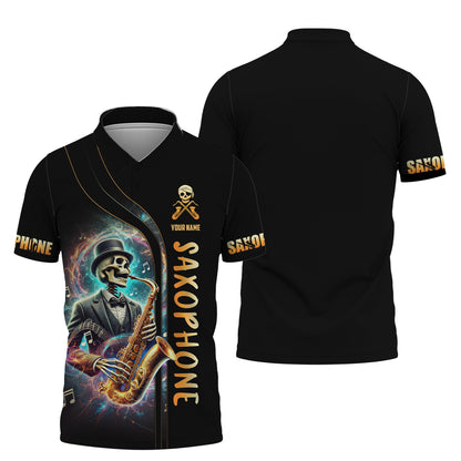 Camisetas personalizadas con diseño de esqueleto de artista tocando el saxofón Camiseta 3D de saxofón Regalo para amantes del saxofón