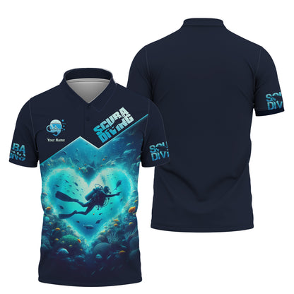 Camiseta personalizada con nombre en 3D y corazón de buceo, regalo personalizado para amantes del buceo