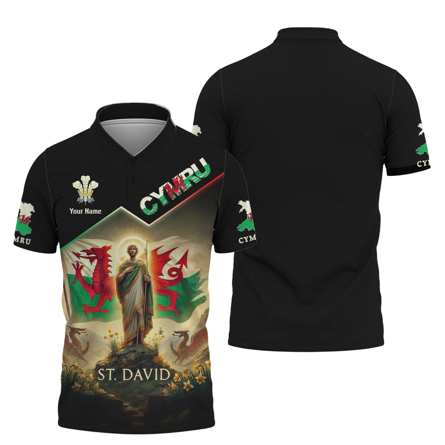 3D Full Print St.David With Wales Flag Shirt Personalized Name Gif For Wales Lovers