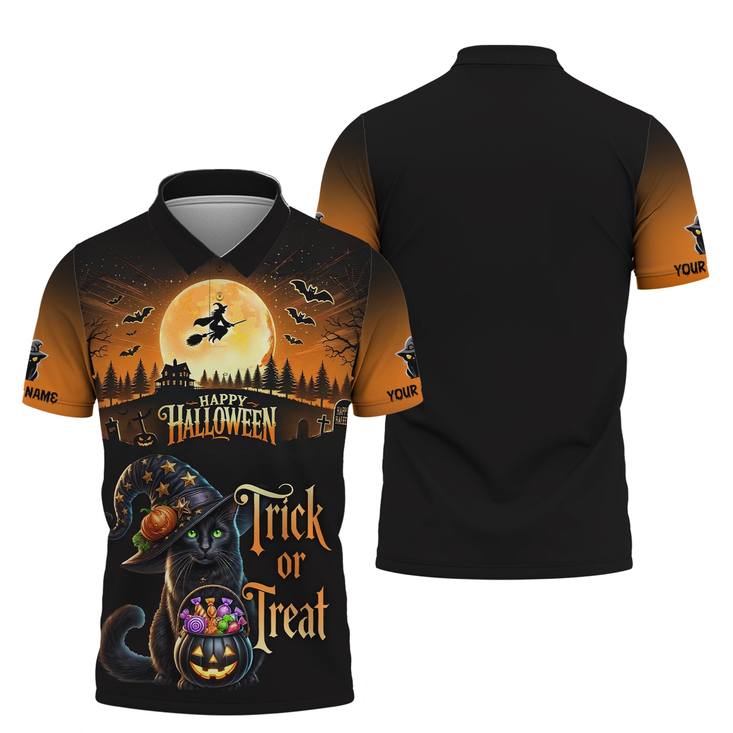 T-shirt personnalisé avec nom d'Halloween en 3D avec chat noir, cadeau pour les amoureux d'Halloween