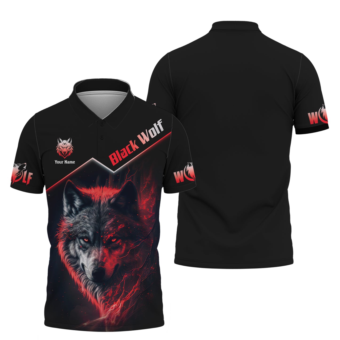 Camiseta personalizada con nombre en 3D de lobo negro con ojos rojos, regalo para amantes de los lobos