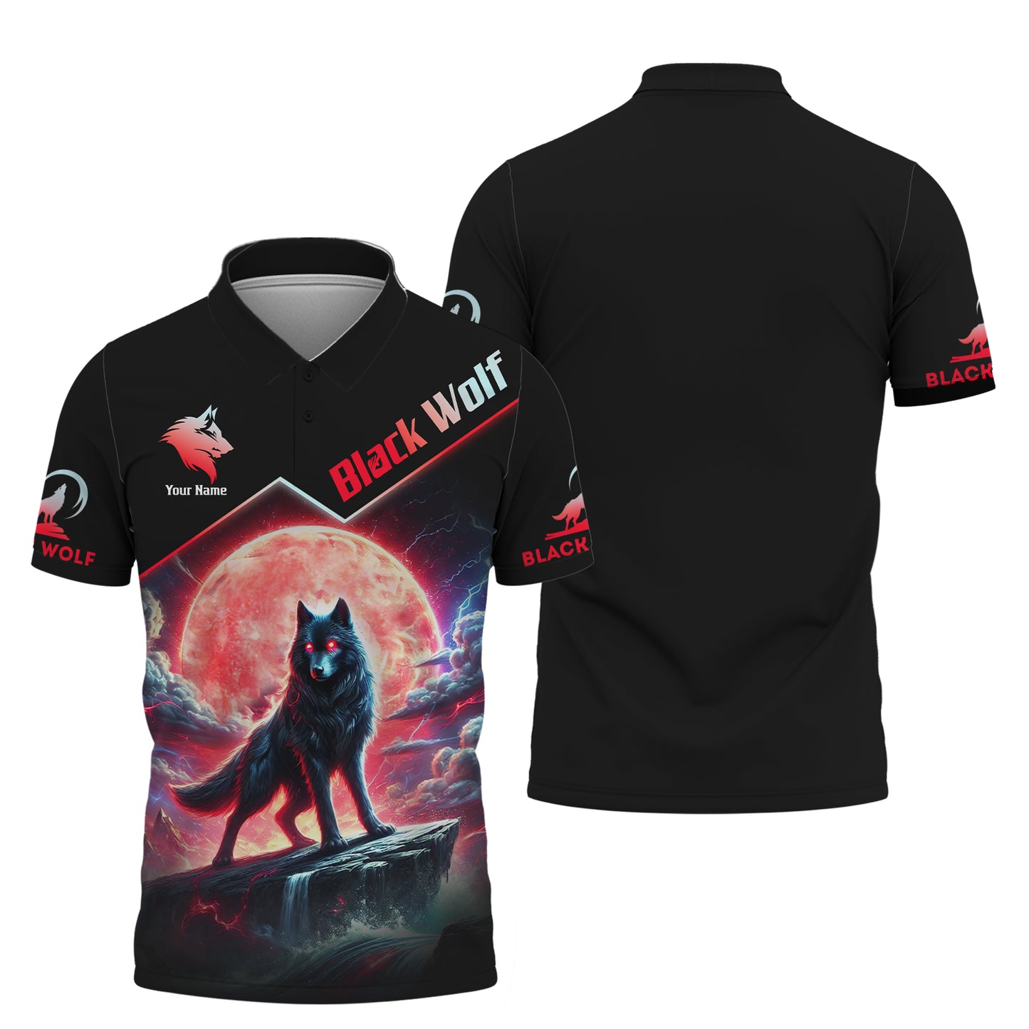 3D Full Print Black Wolf With Red Moon Shirt Personalized Name Gift For Wolf Lovers