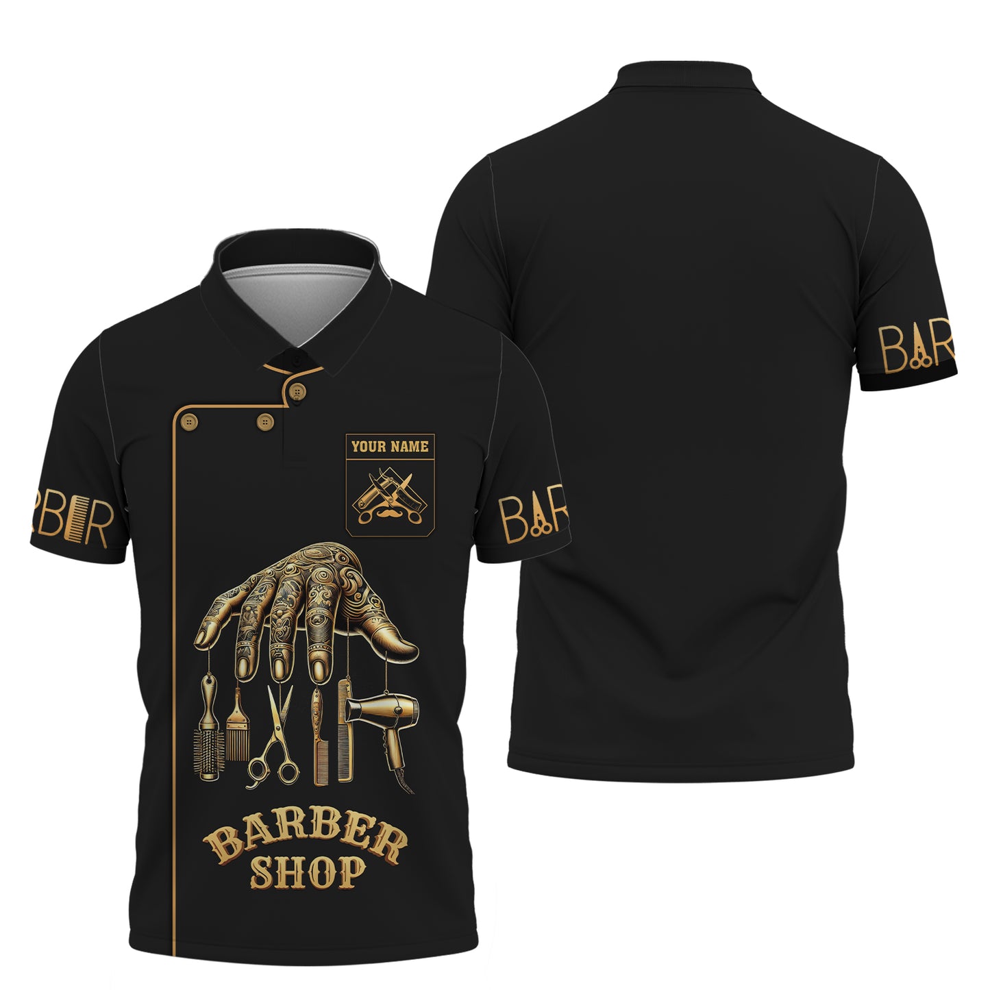 Barber Custom Name 3D T-Shirts Golden Hand In Barbering Shirt Gift For Barber Lovers