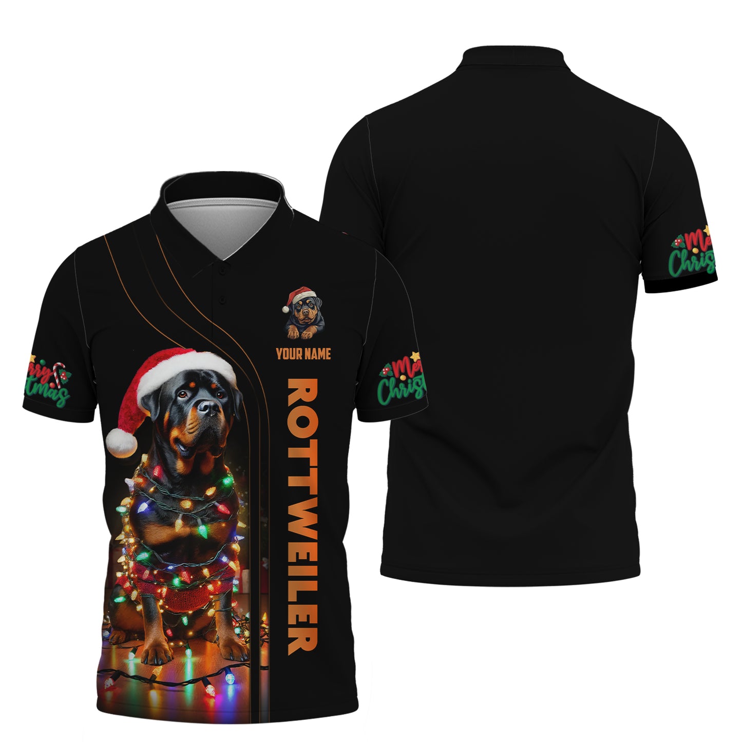 Mery Christmas Custom Name 3D T-Shirts Rottweiler With Christmas Lights Shirt