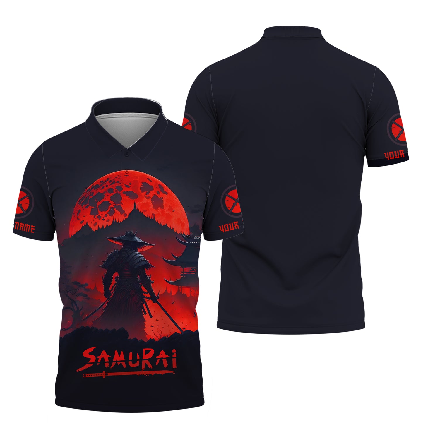 Camisa con estampado 3D completo de guerrero samurái bajo la luz de la luna roja, regalo personalizado con nombre para amantes de los samuráis