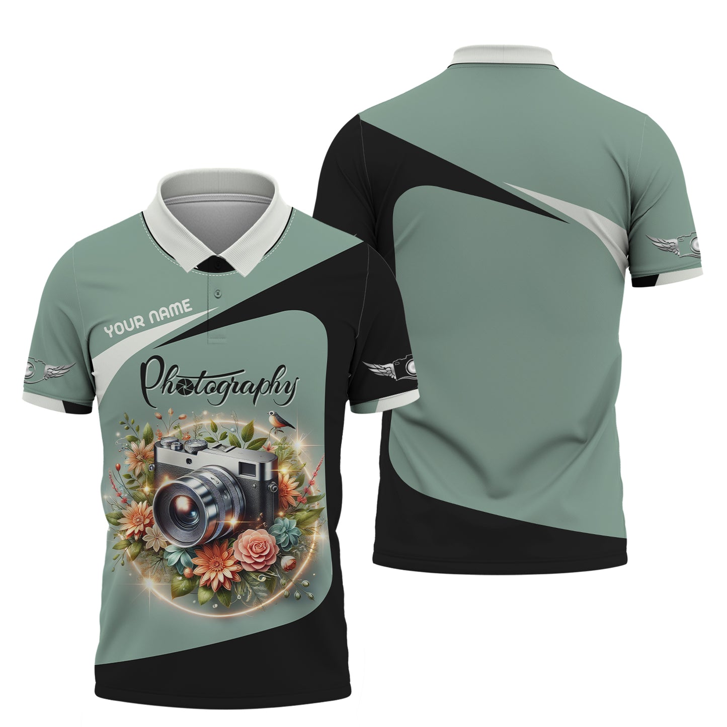 T-shirt personnalisé avec nom de photographe, appareil photo argentique avec fleurs, cadeau 3D pour les amoureux des photographes