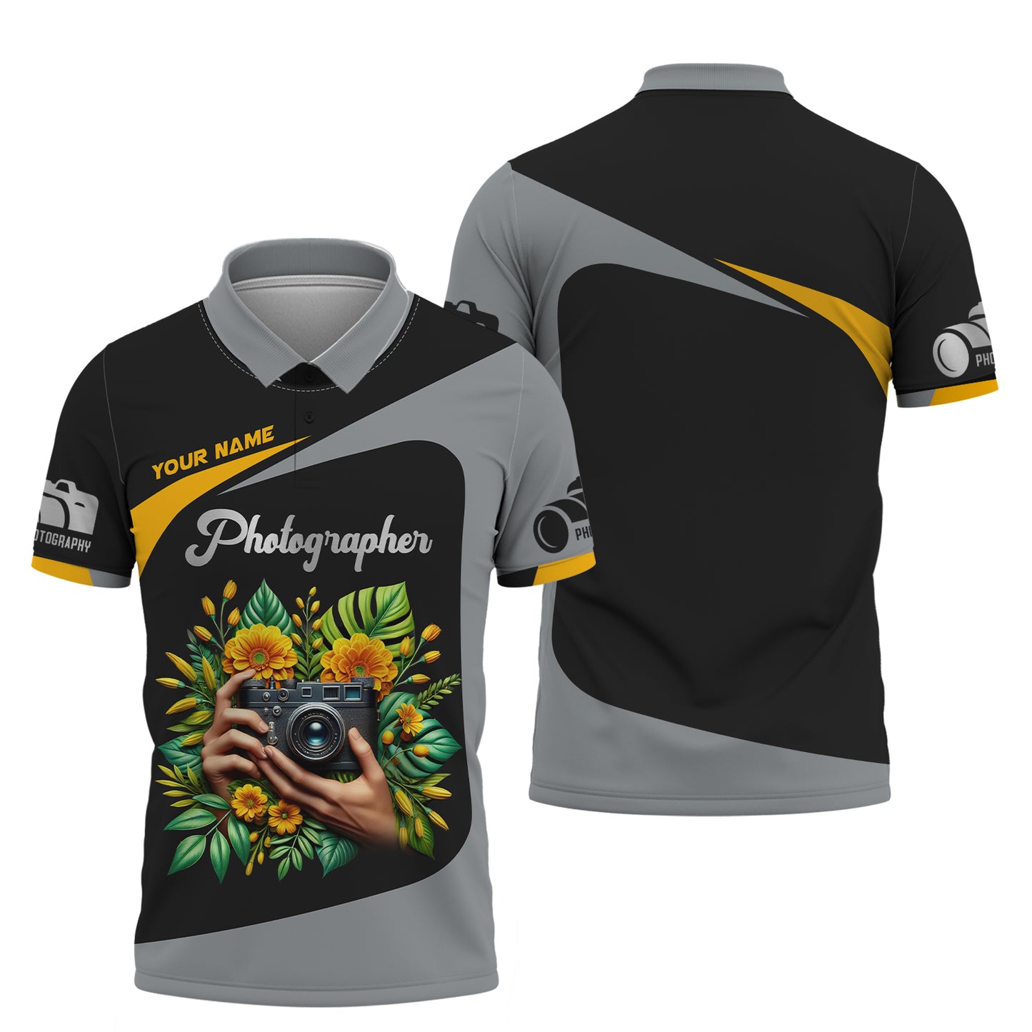 Camisetas con nombre personalizado para fotógrafos, cámara con flores amarillas, regalo de camiseta 3D para amantes de la fotografía