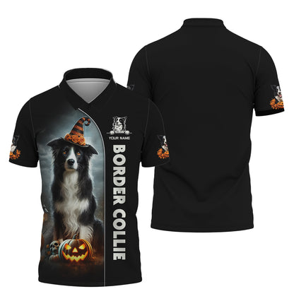 Camiseta personalizada con nombre en 3D de Border Collie. Regalo de feliz Halloween para amantes de los perros