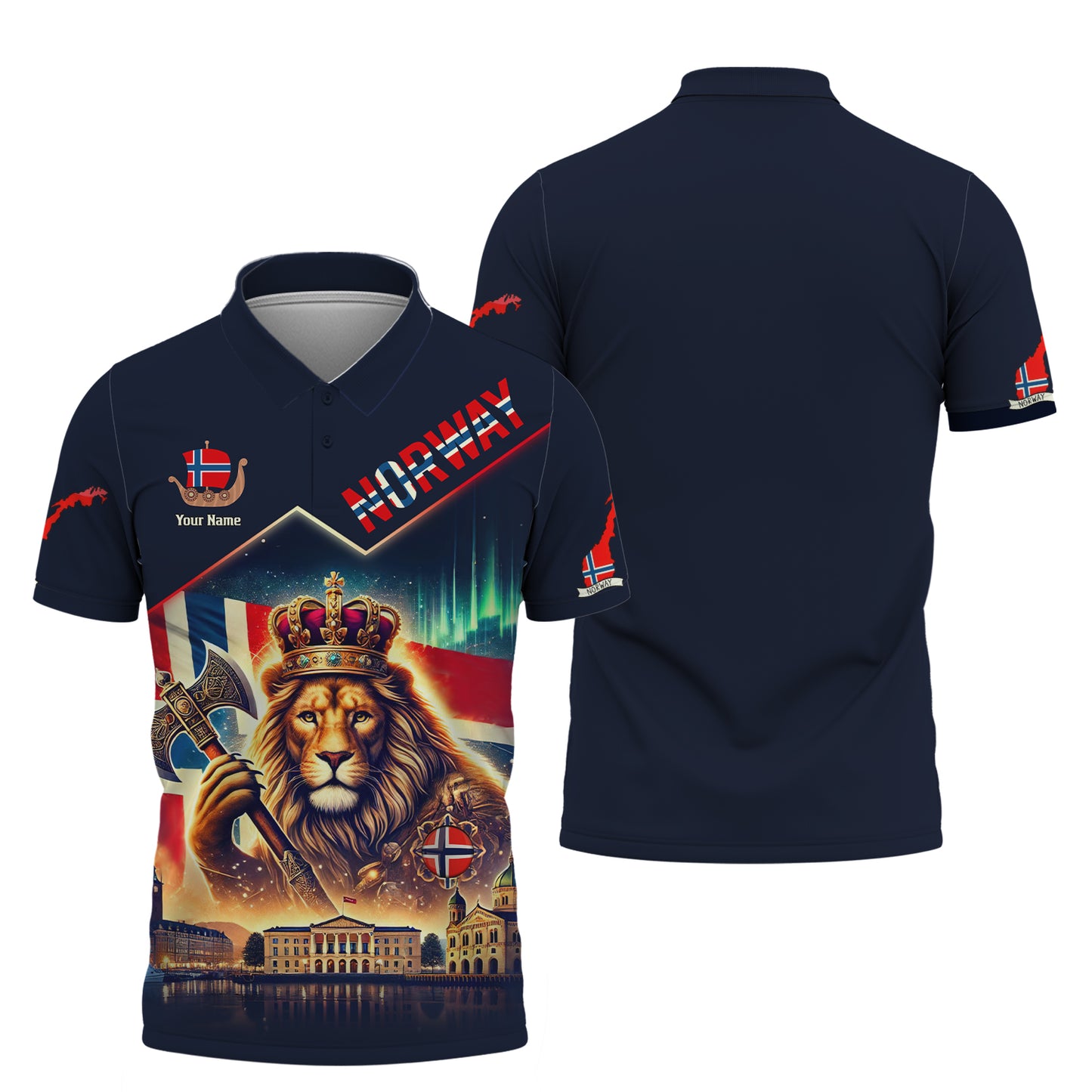 Le Roi Lion avec le drapeau norvégien Nom personnalisé T-shirt 3D Cadeau personnalisé pour les amoureux norvégiens