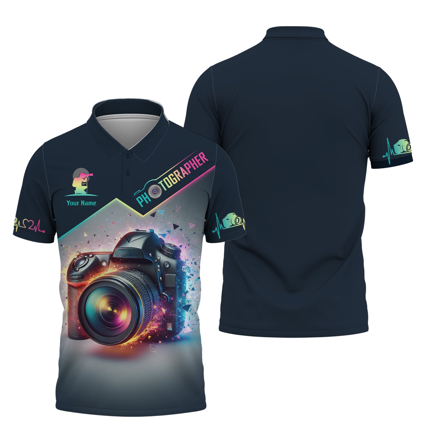 Camiseta con cámara colorida con impresión 3D completa, regalo personalizado con nombre para amantes de la fotografía