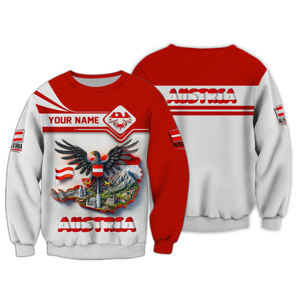 T-shirts avec impression 3D complète d'aigle avec carte de l'Autriche, cadeau personnalisé avec nom pour les amoureux autrichiens