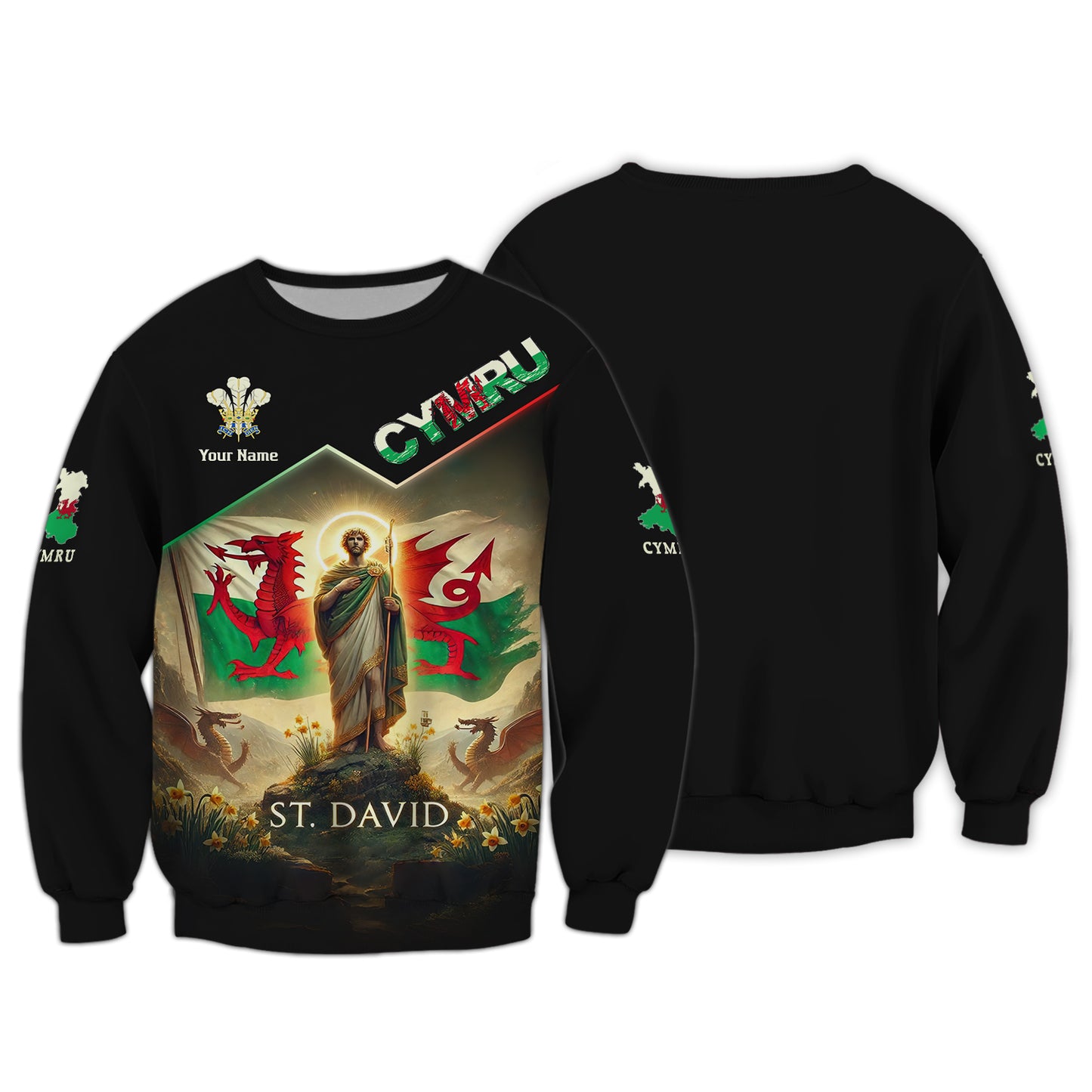 3D Full Print St.David With Wales Flag Shirt Personalized Name Gif For Wales Lovers