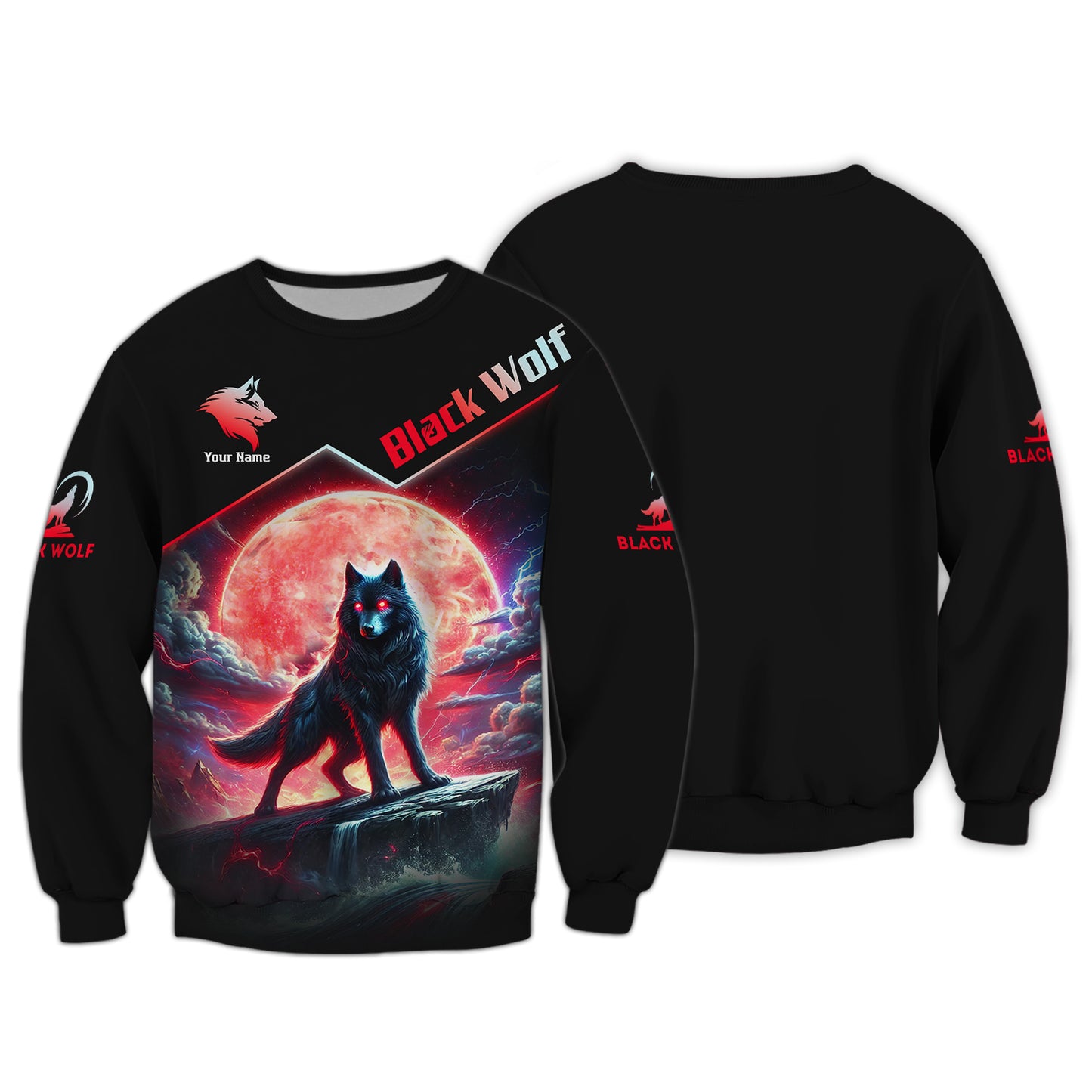 Camiseta con estampado 3D completo de lobo negro y luna roja, regalo personalizado con nombre para amantes de los lobos