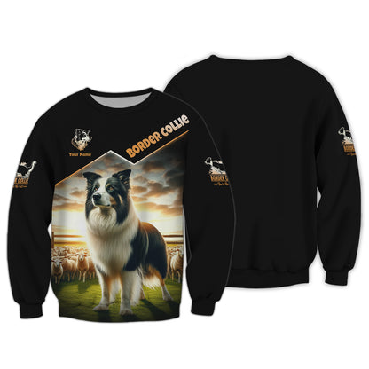 3D Full Print Border Collie On Sheep Farm T-Shirts Personalized Name Gift For Dog Lovers