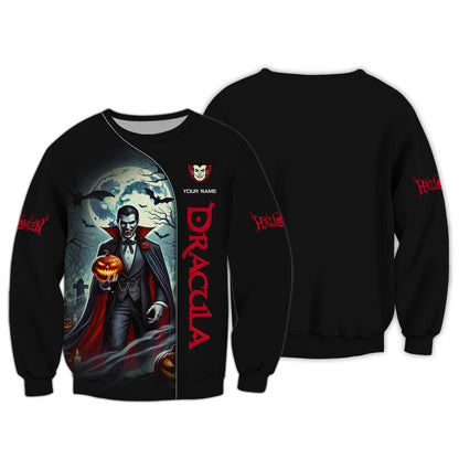 Camisetas con estampado 3D completo de Drácula con calabaza, regalo con nombre personalizado para amantes de Halloween