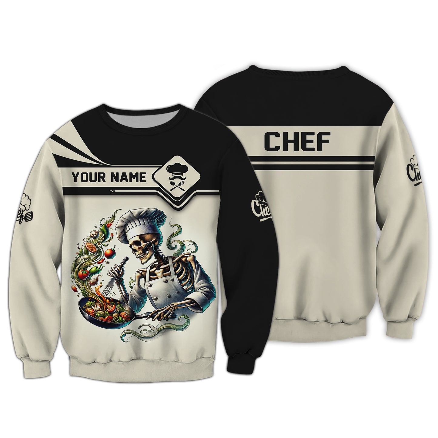 Camisa de chef con esqueleto de impresión 3D y sartén con comida, regalo personalizado con nombre para amantes de los chefs