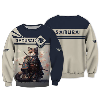 T-shirts personnalisés Cat Samurai Cat Samurai avec fleur de cerisier T-shirt 3D Cadeau pour les amoureux des samouraïs