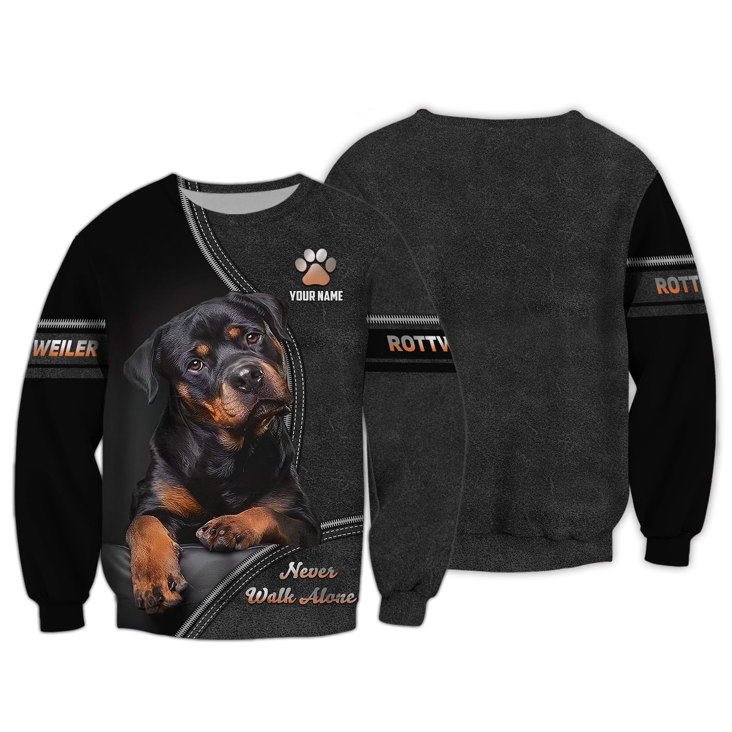 Rottweiler Custom Name Zipper Hoodie Never Walk Alone Gift For Dog Lover 3D Shirts