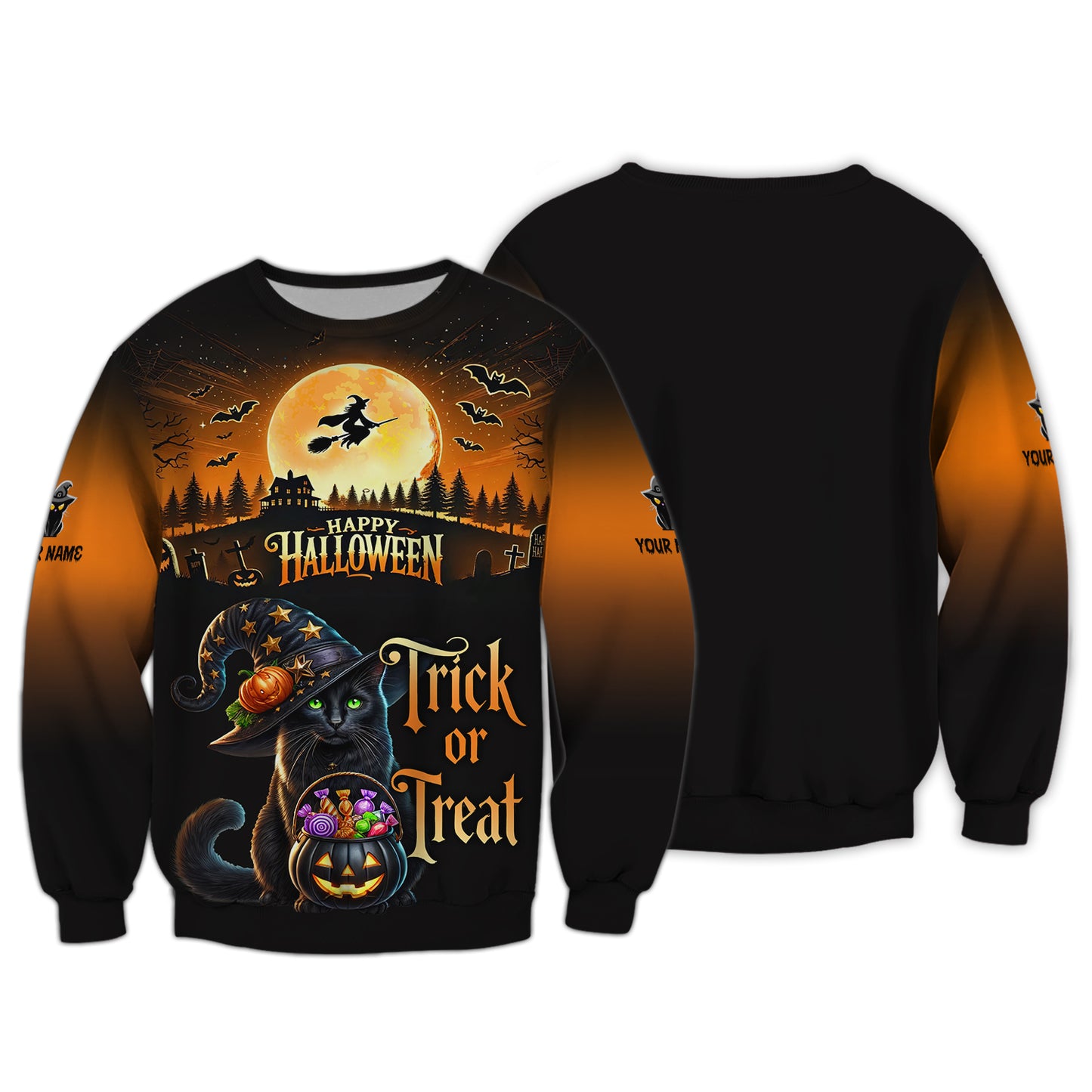 T-shirt personnalisé avec nom d'Halloween en 3D avec chat noir, cadeau pour les amoureux d'Halloween