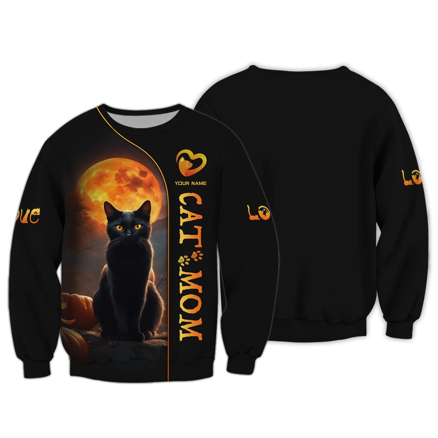 Chat noir avec lune Nom personnalisé Chat Maman T-shirt 3D Cadeau pour les amoureux des chats