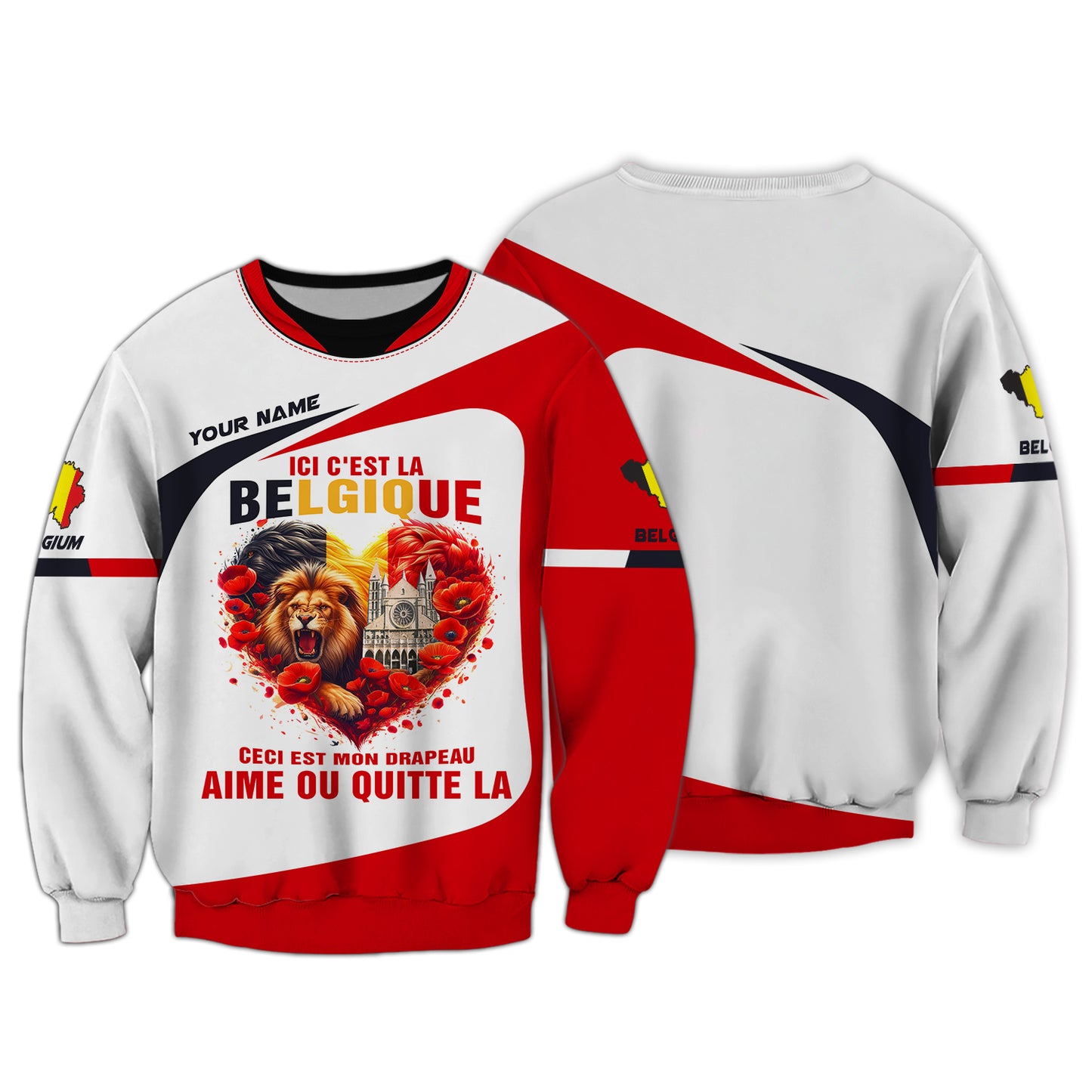 Sweat à capuche zippé en forme de cœur belge avec impression 3D complète, cadeau personnalisé avec nom pour les amoureux belges