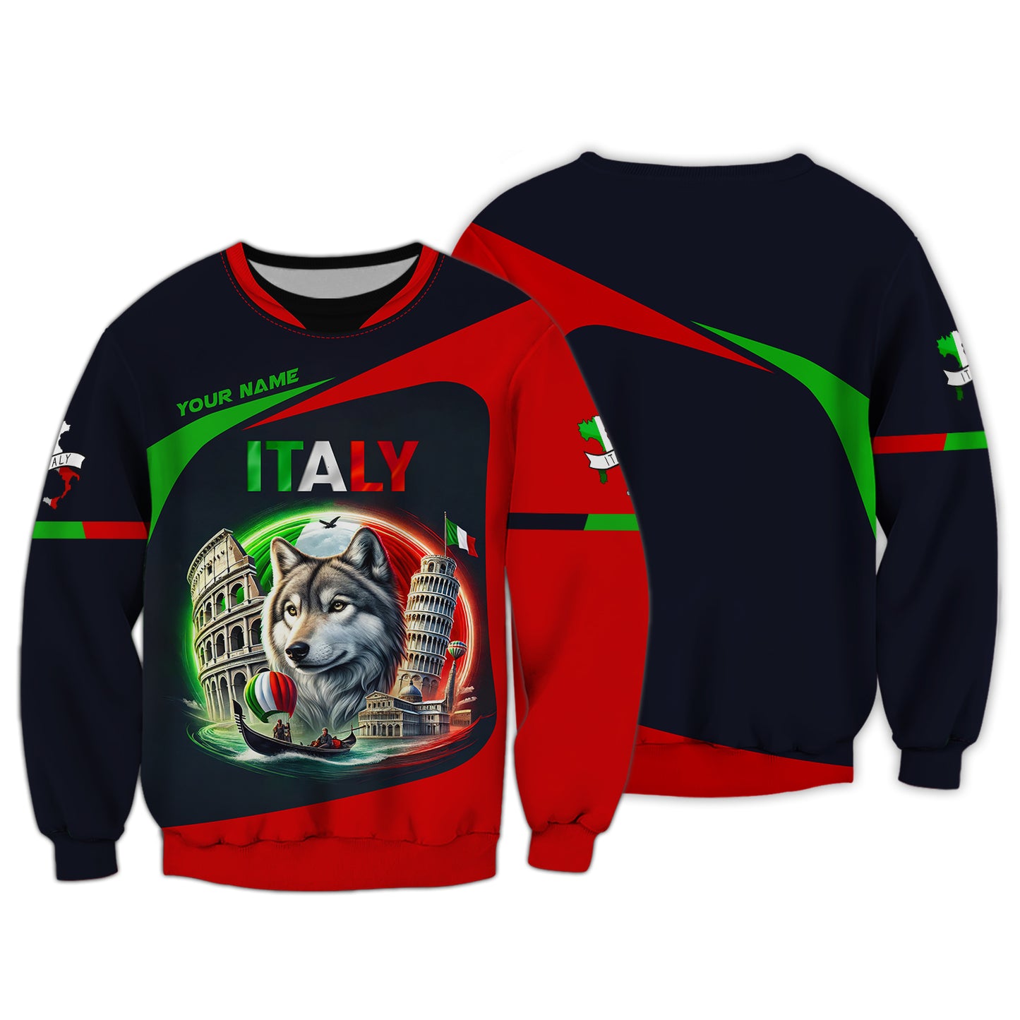 Camisetas personalizadas de Italia El lobo y los símbolos famosos de Italia Camisetas 3D Regalo para amantes de Italia