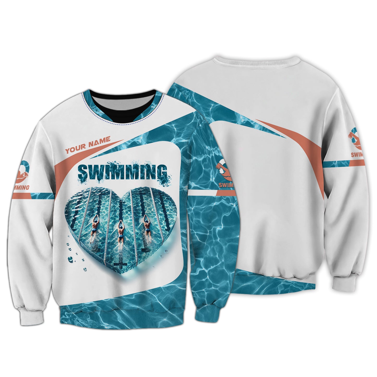 3D Full Print Swimming Heart T-Shirts Personalized Name Gift For Swimming Lovers