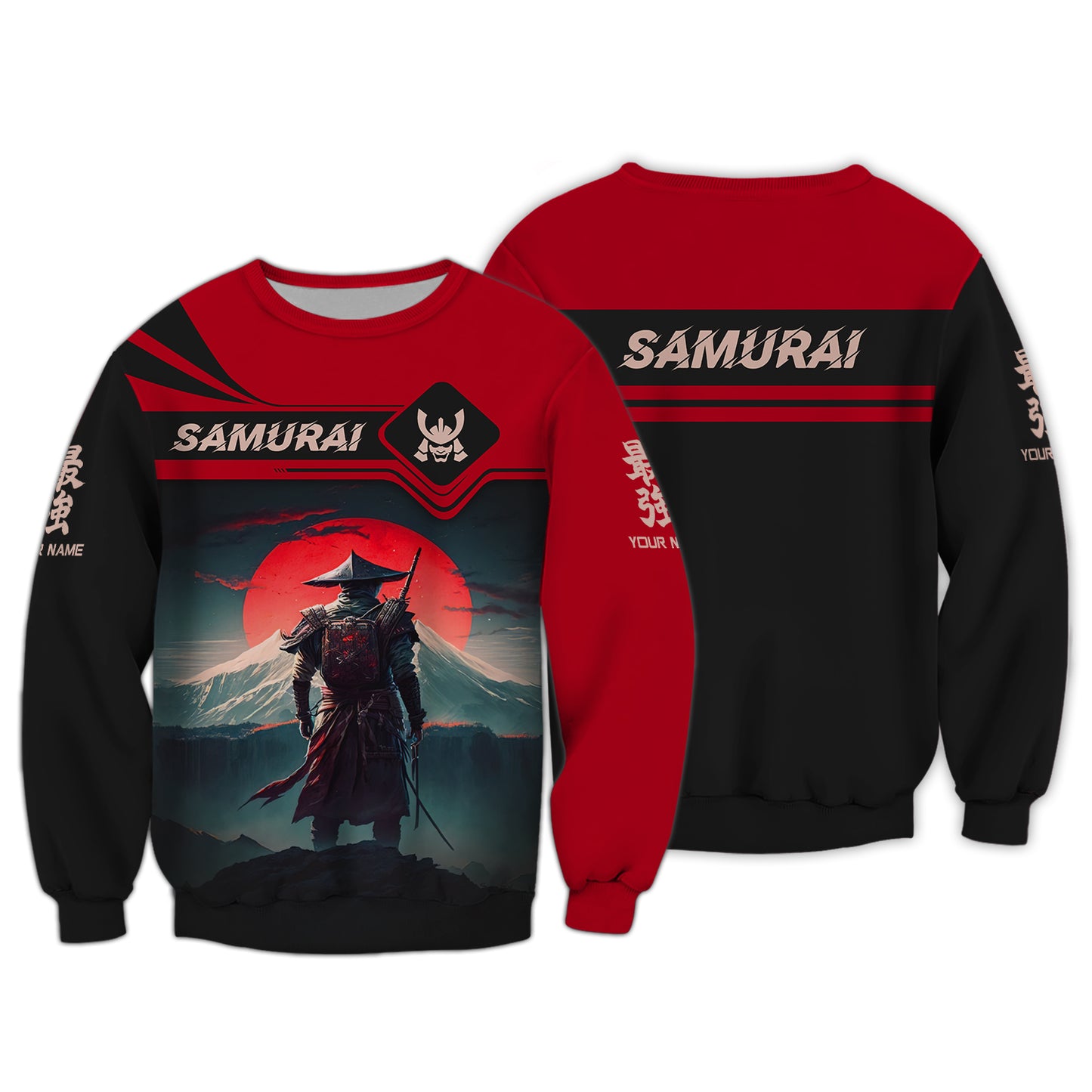 Camiseta personalizada con estampado completo en 3D y nombre de Samurai Luna Roja