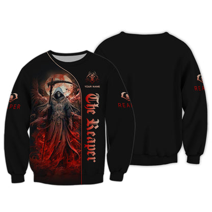 T-shirts à impression 3D complète The Reaper avec lune rouge Cadeau personnalisé pour les amoureux des crânes