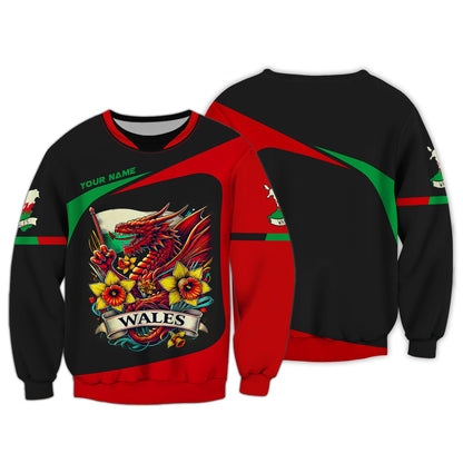 Sweat à capuche avec fermeture éclair et nom personnalisé du Pays de Galles, imprimé complet, chemise Dragon Wales, cadeau pour les amoureux du Pays de Galles