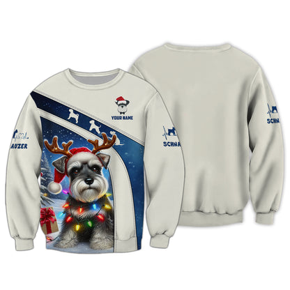 Merry Christmas Custom Name 3D T-Shirts Schnauzer Reindeer Shirt Gift For Dog Lovers