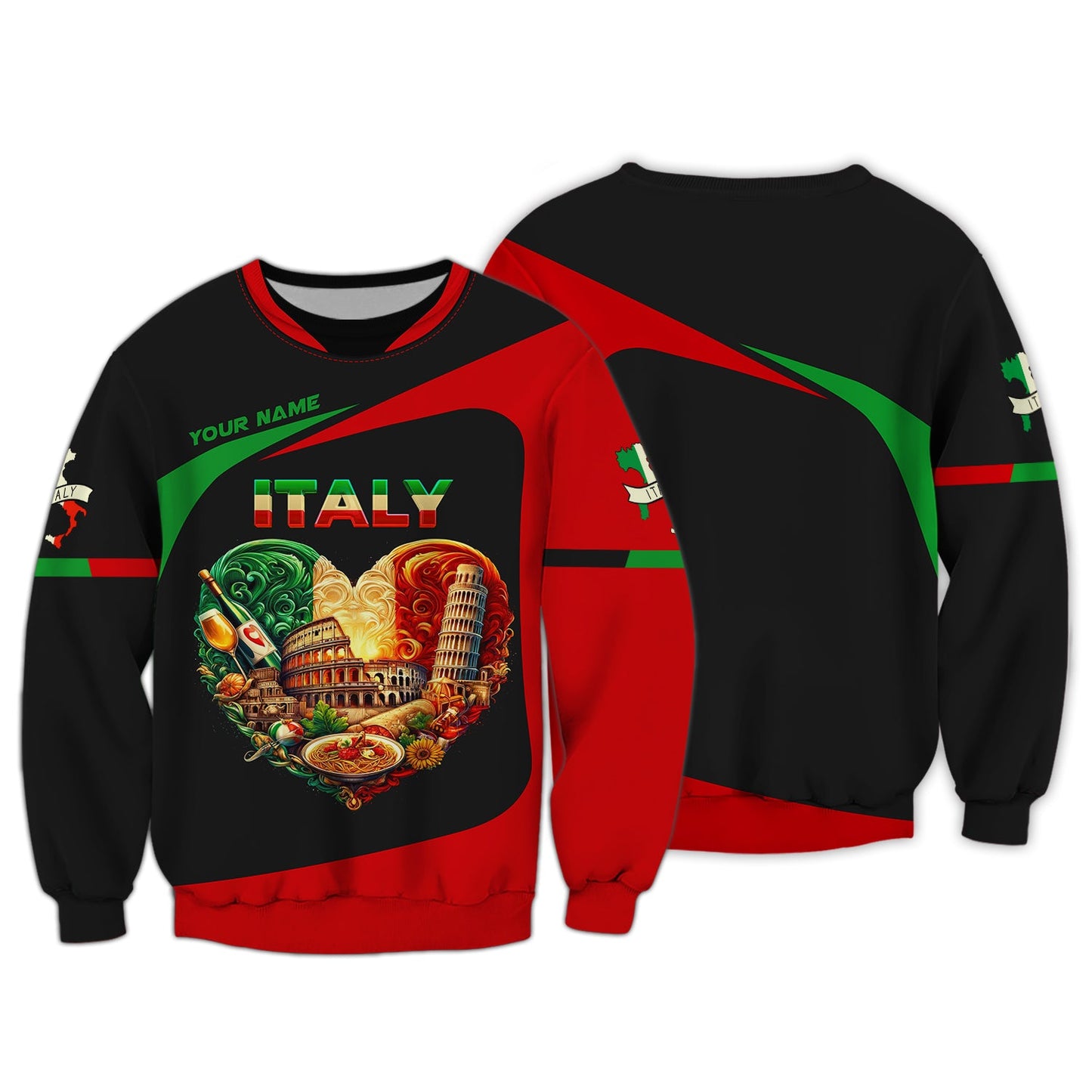 Sudadera con capucha y cremallera 3D con nombre personalizado y corazón de Italia, regalo personalizado para amantes de Italia