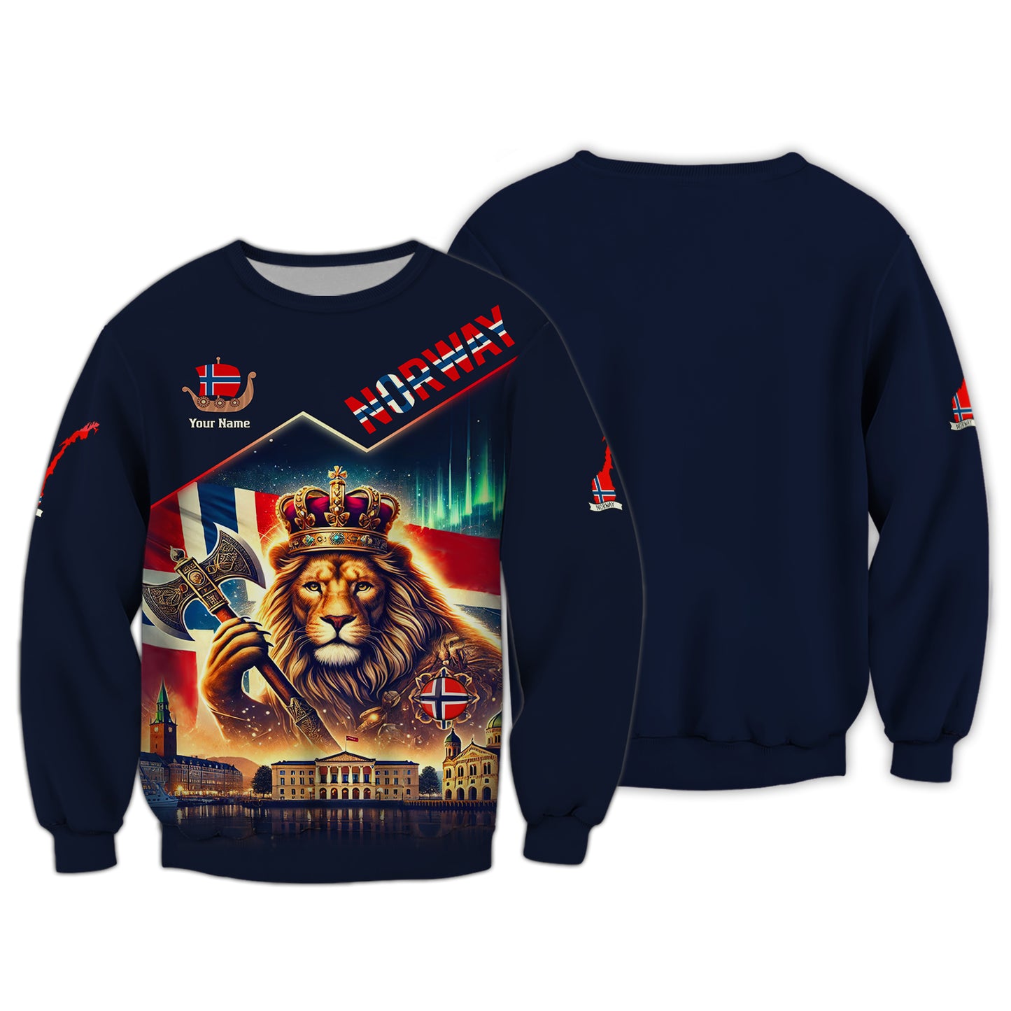 Le Roi Lion avec le drapeau norvégien Nom personnalisé T-shirt 3D Cadeau personnalisé pour les amoureux norvégiens