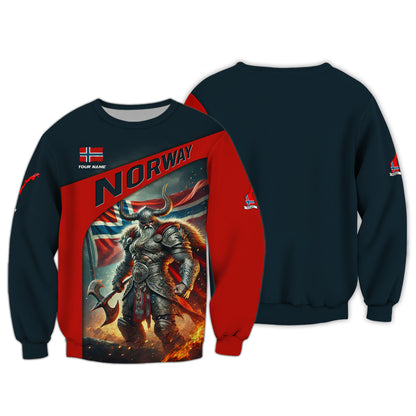 Camiseta con estampado 3D de valiente guerrero vikingo con bandera noruega, regalo personalizado con nombre para amantes noruegos