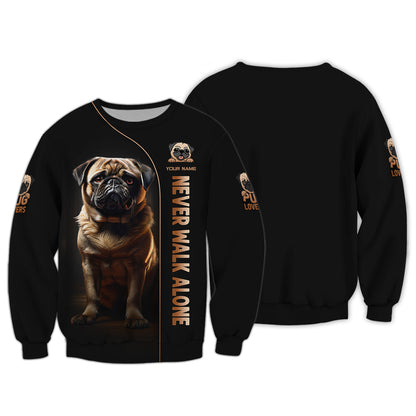 Sweat à capuche zippé avec nom personnalisé pour chien carlin, cadeau pour les amoureux des chiens, ne marchez jamais seul, chemises 3D