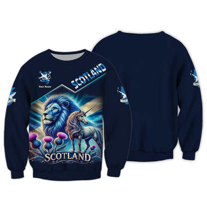 Camiseta personalizada con nombre en 3D de El león con unicornio de Escocia, regalo personalizado para amantes de Escocia