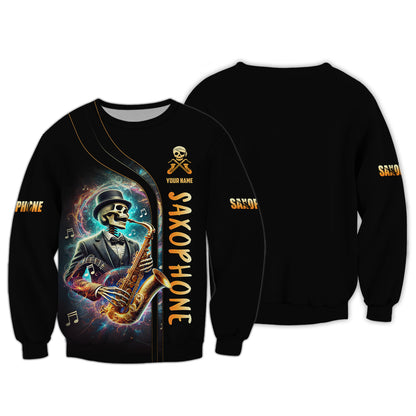 T-shirts personnalisés d'artiste squelette jouant du saxophone T-shirt 3D Saxophone Cadeau pour les amateurs de saxophone