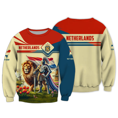 Sweat à capuche avec fermeture éclair 3D avec nom personnalisé Chevalier des Pays-Bas avec lion Cadeau personnalisé pour les amoureux des Pays-Bas