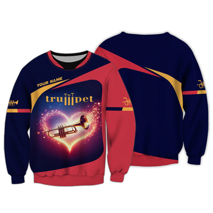 Sudadera con capucha y cremallera con estampado 3D completo de trompeta y corazón, regalo personalizado con nombre para amantes de la trompeta