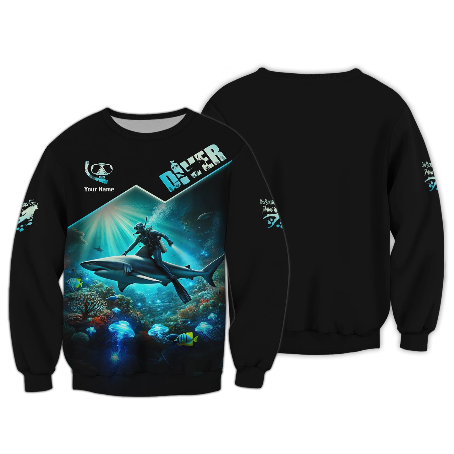 Camisetas de buceo con corazón y estampado completo en 3D, regalo personalizado con nombre para amantes del buceo