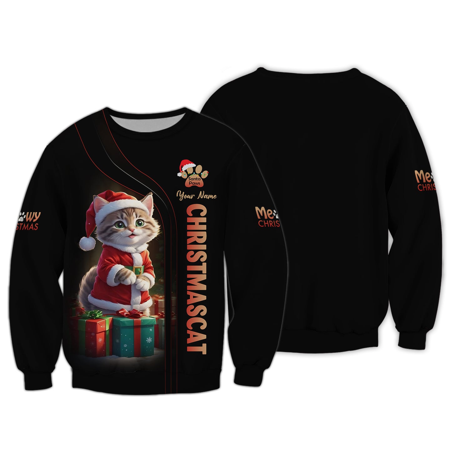 Christmas Cat Custom Name T-Shirts Cat Santa With Gifts Box 3D Shirt Gift For Cat Lovers