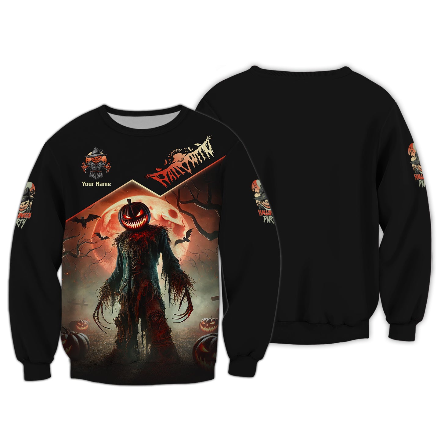 Camisetas de Halloween con estampado completo en 3D de calabaza y luna roja, regalo personalizado con nombre para amantes de Halloween