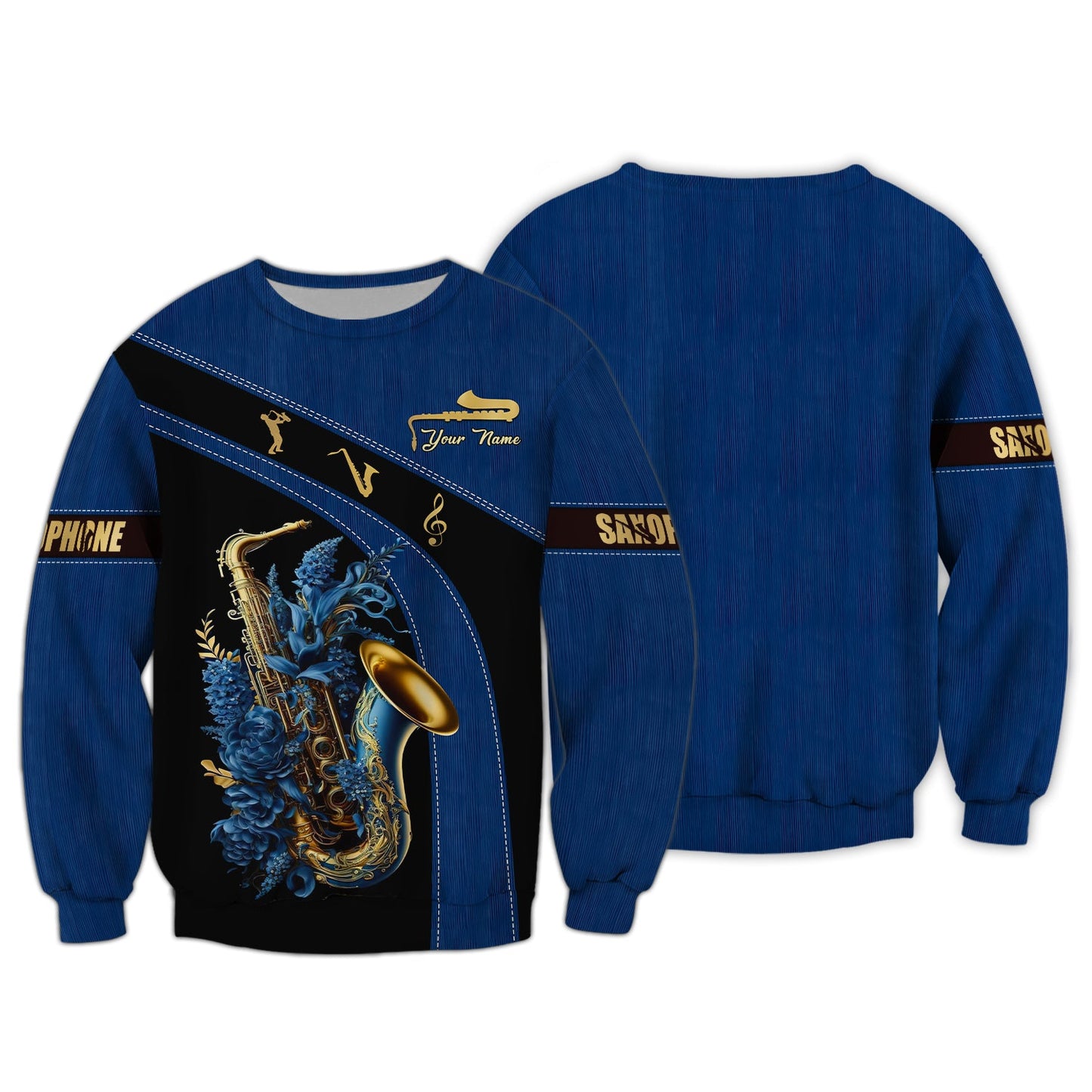 Sudadera con capucha y cremallera 3D con nombre personalizado de saxofón Regalo con nombre personalizado para amantes del saxofón