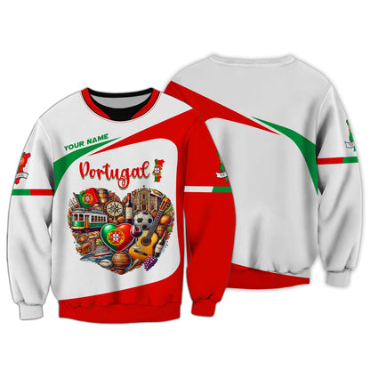 Sudadera con capucha y cremallera 3D con nombre personalizado y corazón de Portugal, regalo personalizado para amantes de Portugal