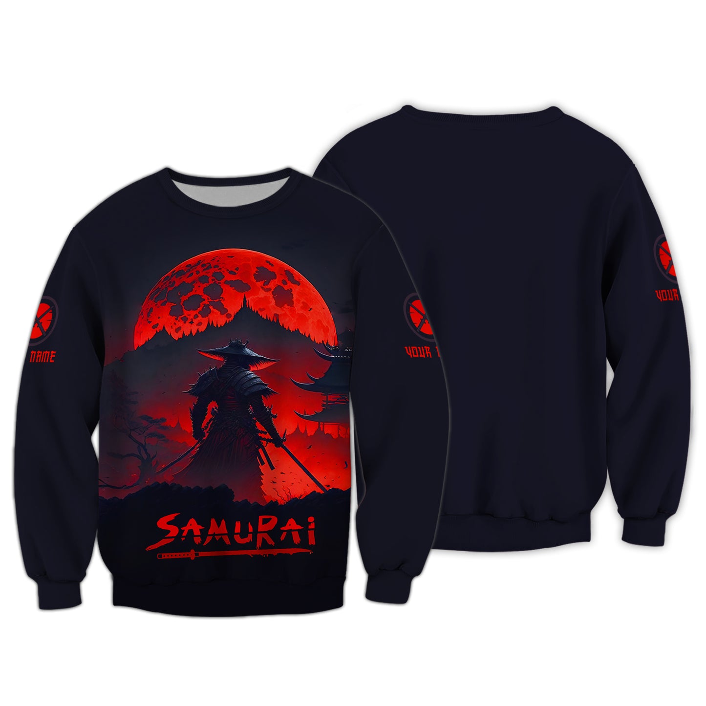 T-shirt samouraï entièrement imprimé en 3D sous le clair de lune rouge, cadeau personnalisé pour les amoureux des samouraïs